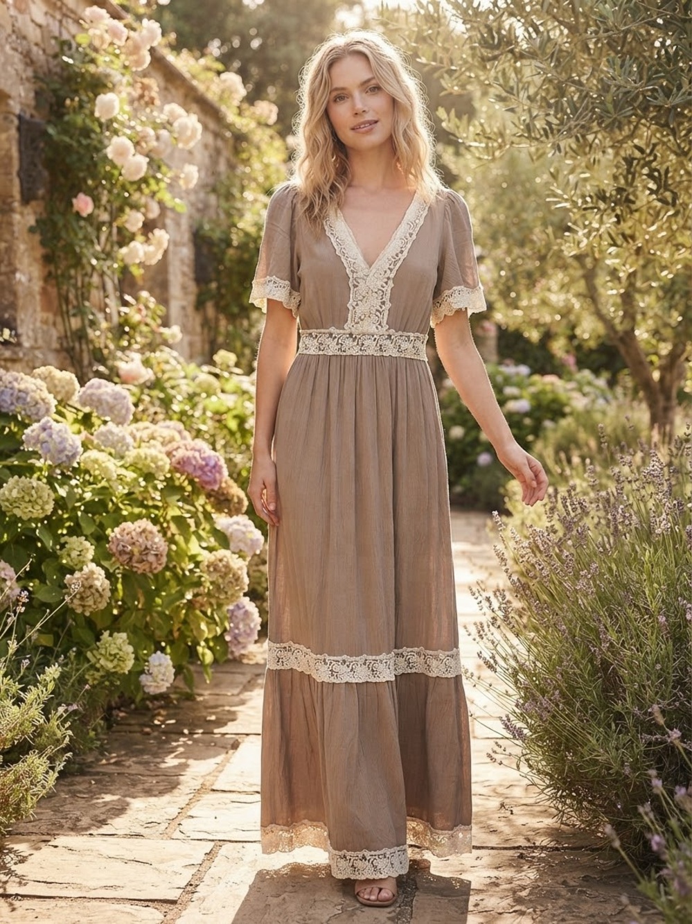 Taupe Lace-Trim Maxi Dress with V-Neck